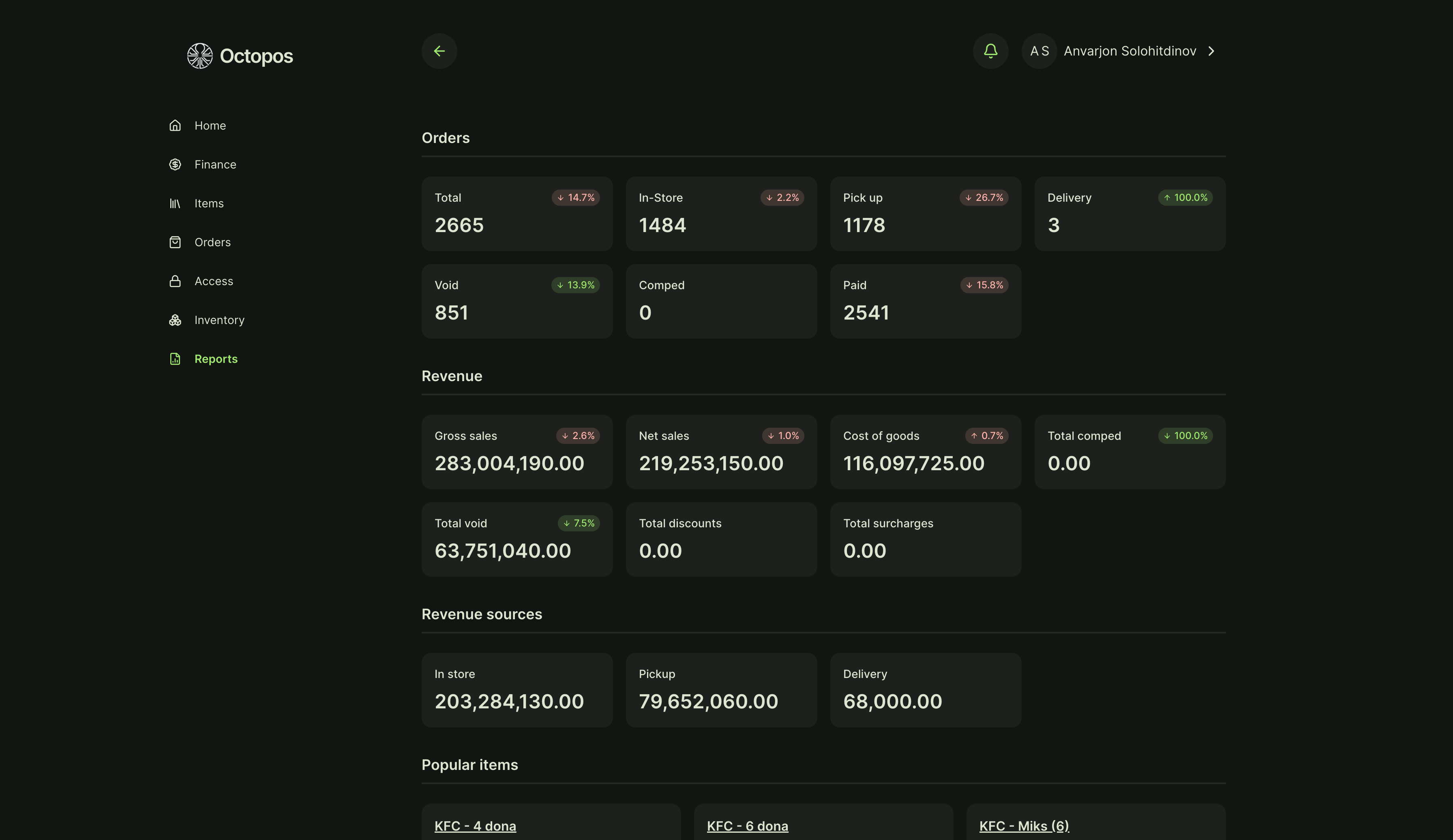 Octopos dashboard — zaxira kuzatuvi va xarid buyurtmalari